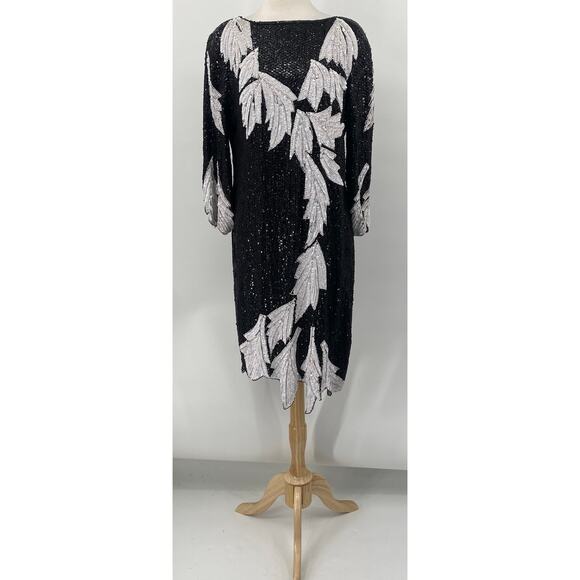 Vintage 80s Silk Beaded Sequined Evening Dress Asymmetric Black White Womens L - Picture 3 of 12